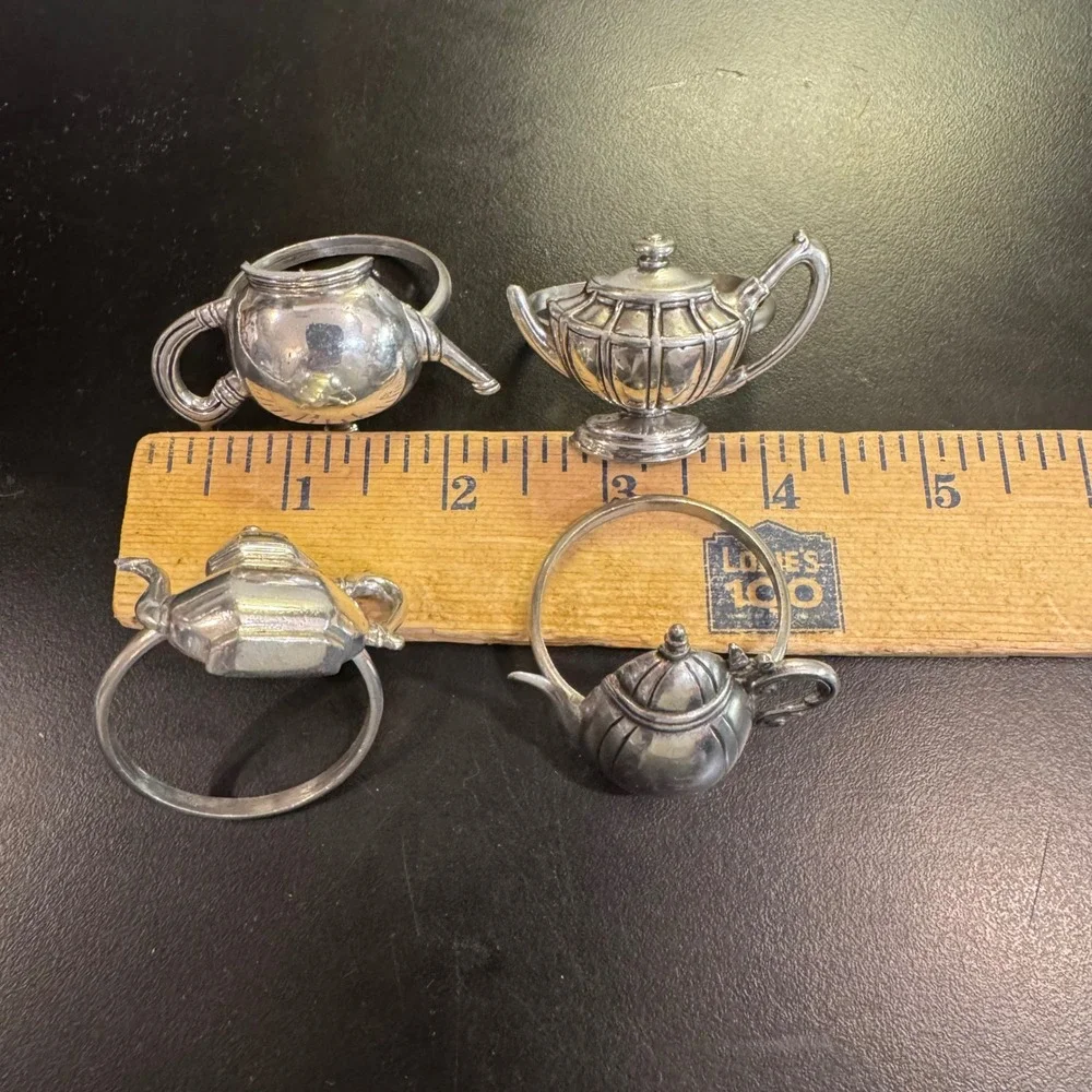 Pewter Teapot Napkin Rings Set of 4 Silver Vintage Style Tea Party Decor